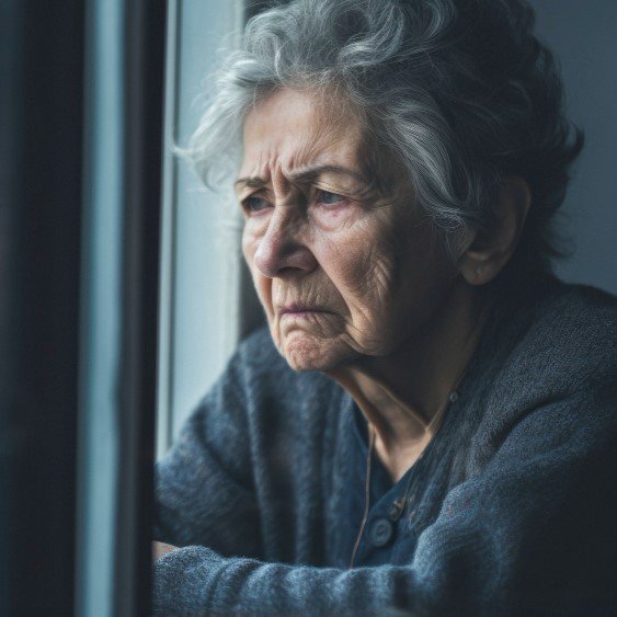 JointVive - Elderly woman sitting alone with a pained expression, symbolizing loss of freedom due to joint problems.