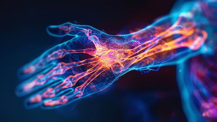 Futuristic digital rendering of a human hand with highlighted nerves and joints, symbolizing targeted joint regeneration technology.