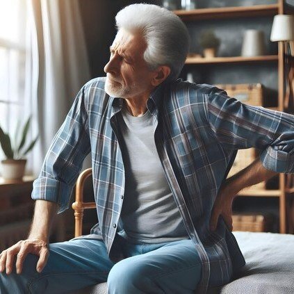 JointVive - Senior man sitting on a couch holding his knee, showing emotional stress from chronic joint pain.