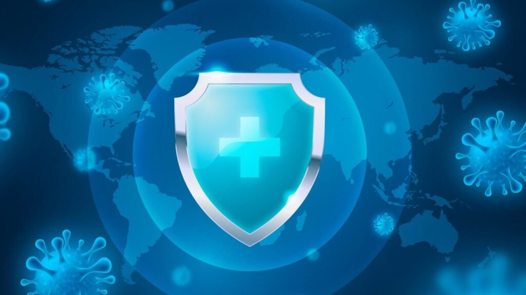 Digital blue shield icon surrounded by virus-like graphics, representing protection of joints from inflammation.