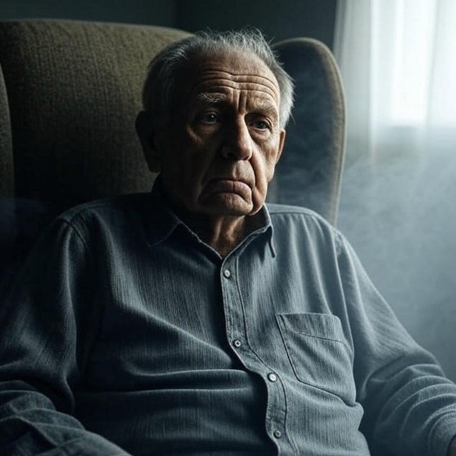 JointVive - Older man with a fatigued, distant look, representing exhaustion and mental fog caused by persistent pain.
