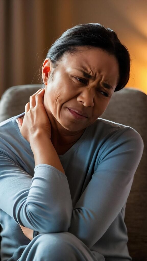 JointVive - Frustrated middle-aged woman sitting on a couch, holding his shoulder in pain due to joint stiffness.