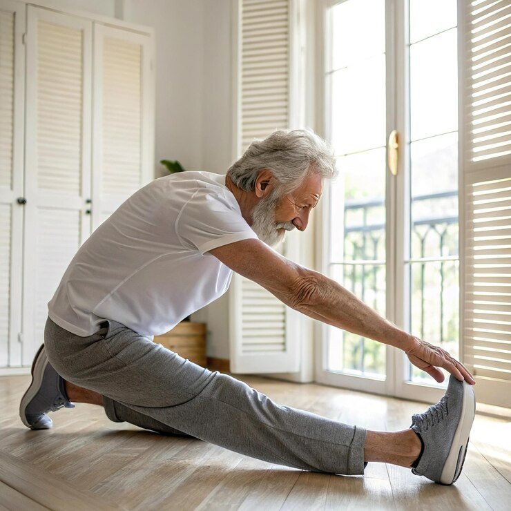 JointVive- Senior man pushing himself up from the floor, struggling with joint movement.
