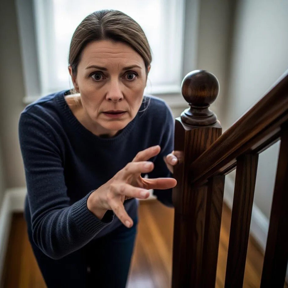JointVive - Middle-aged woman gripping a stair railing in fear, illustrating anxiety about falling or injury.