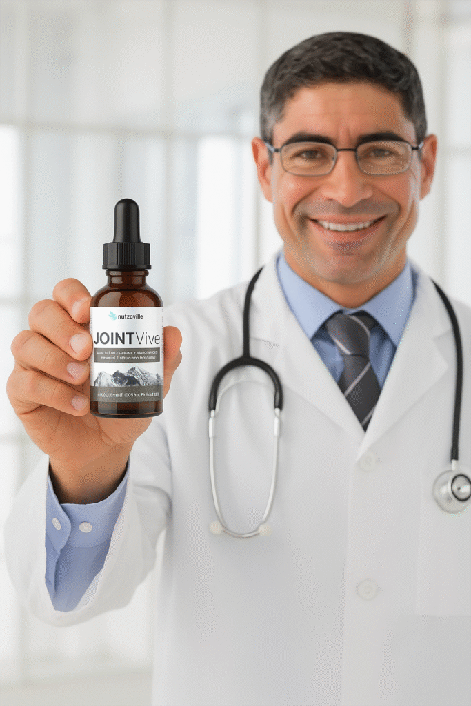 Smiling doctor in white lab coat holding a bottle of JointVive supplement, promoting joint health.